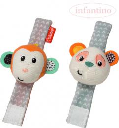INFANTINO Baby Chrastítko textilní na ruku set 2ks opička a panda pro miminko - zvětšit obrázek