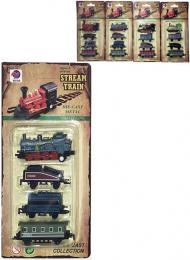Vlak kovový mini historický set mašinka + 3 vagónky zpìtný nátah 4 druhy na kartì