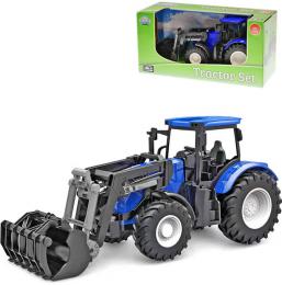 Traktor modrý 27cm s pøedním nakladaèem volný chod plast v krabici